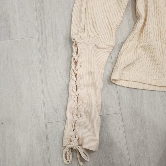 Free People Lace Up Sleeve Tasha Thermal Shirt in Ivory - Picture 3 of 4